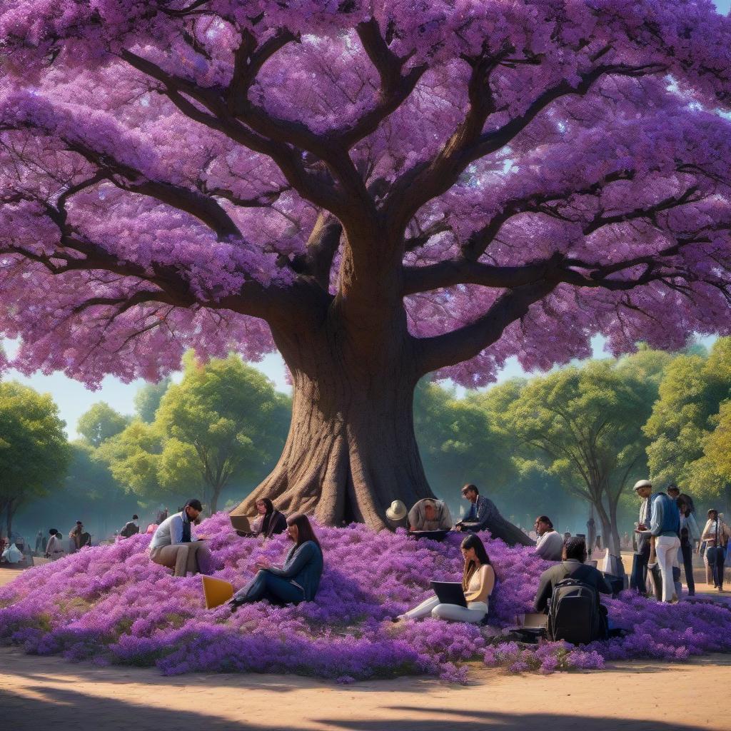  A scattered tree is surrounded by people, there are many laptops and phones on the tree, people are looking at these laptops, there are many purple coins with the symbol $degen on the tree, people are working on the laptops, the tree is growing laptops and phones. hyperrealistic, full body, detailed clothing, highly detailed, cinematic lighting, stunningly beautiful, intricate, sharp focus, f/1. 8, 85mm, (centered image composition), (professionally color graded), ((bright soft diffused light)), volumetric fog, trending on instagram, trending on tumblr, HDR 4K, 8K