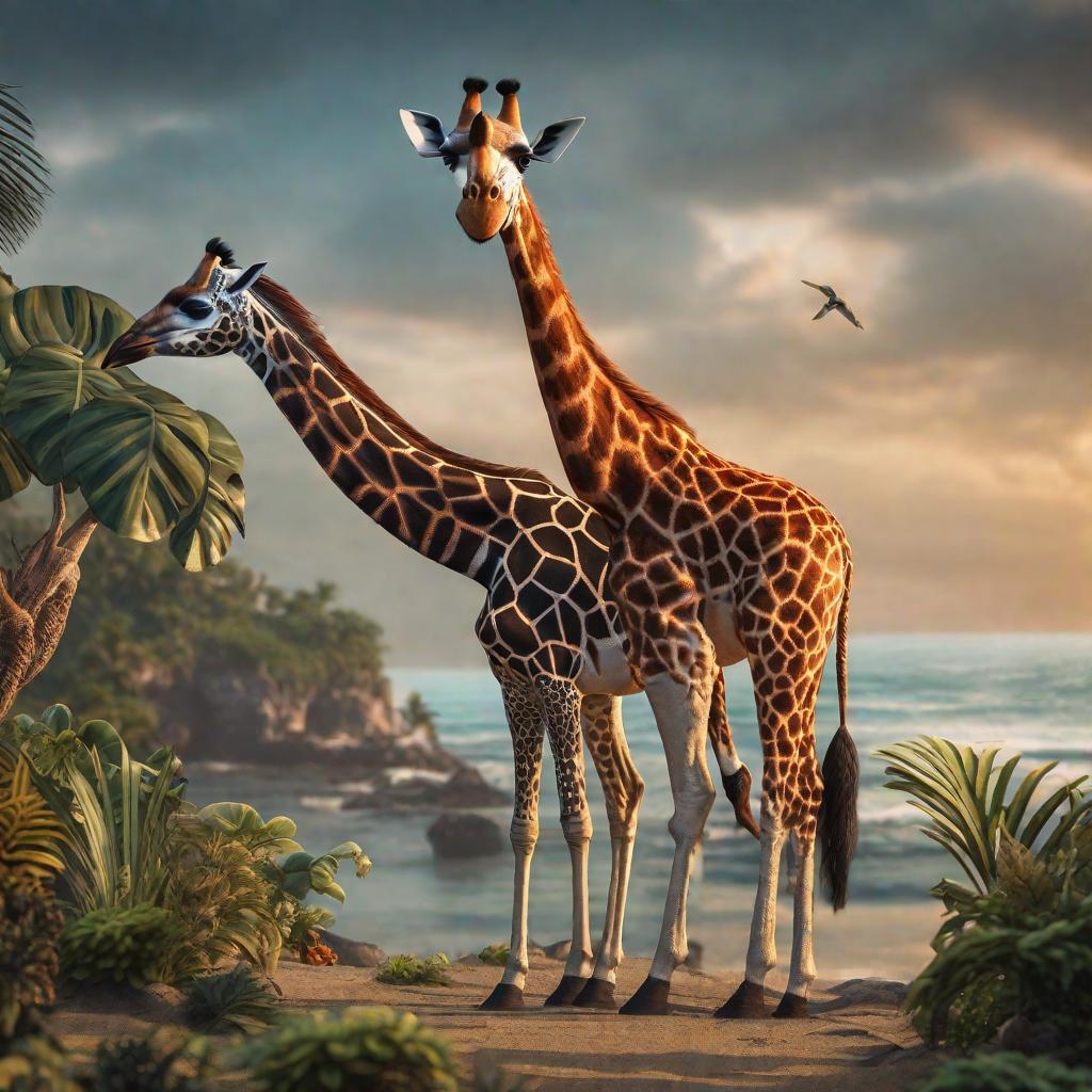  Tucan bird and giraffe im ocean wiew hyperrealistic, full body, detailed clothing, highly detailed, cinematic lighting, stunningly beautiful, intricate, sharp focus, f/1. 8, 85mm, (centered image composition), (professionally color graded), ((bright soft diffused light)), volumetric fog, trending on instagram, trending on tumblr, HDR 4K, 8K