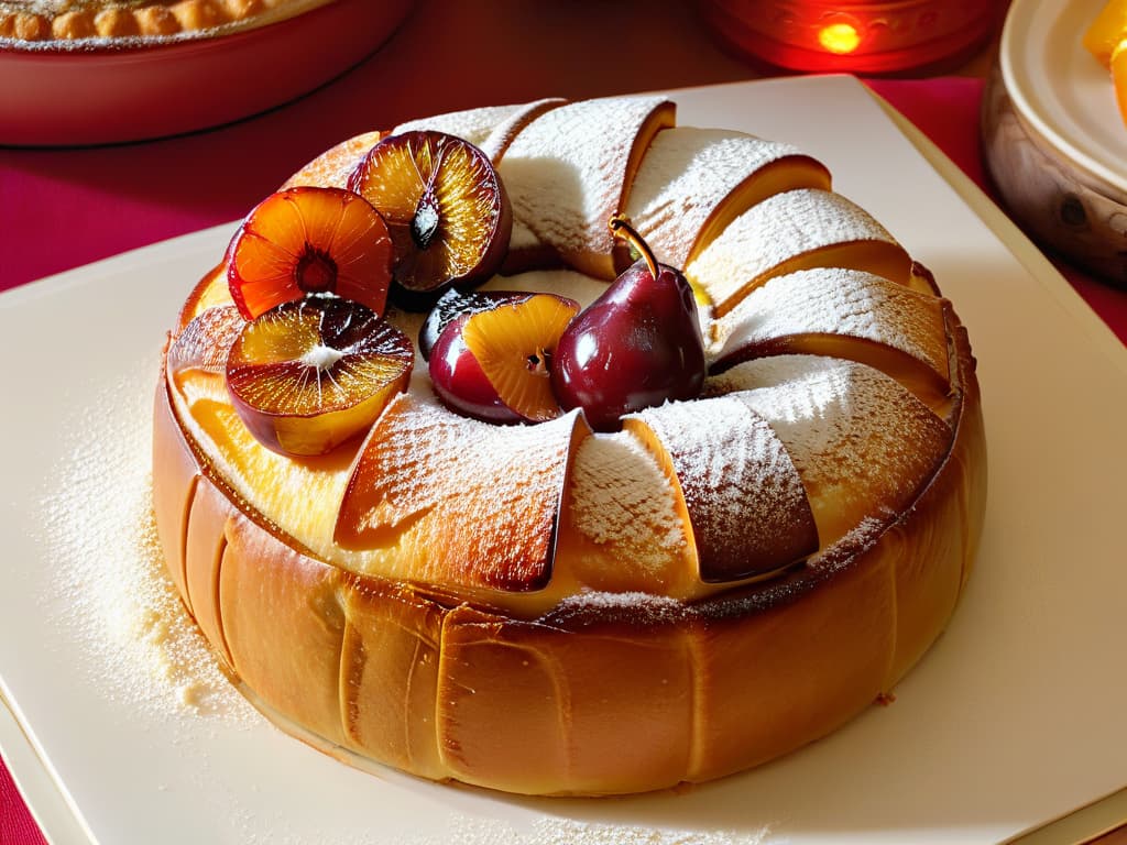  A closeup, ultradetailed image of a perfectly baked Roscón de Reyes, showcasing the intricate golden crust shimmering under a light glaze, adorned with vibrant candied fruits like oranges, figs, and cherries, while delicate slivers of almond flakes delicately rest on its surface. The background is softly blurred to keep the focus solely on the exquisite details of this traditional Spanish dessert, inviting the viewer to admire its beauty and savor the cultural significance it holds. hyperrealistic, full body, detailed clothing, highly detailed, cinematic lighting, stunningly beautiful, intricate, sharp focus, f/1. 8, 85mm, (centered image composition), (professionally color graded), ((bright soft diffused light)), volumetric fog, trending on instagram, trending on tumblr, HDR 4K, 8K