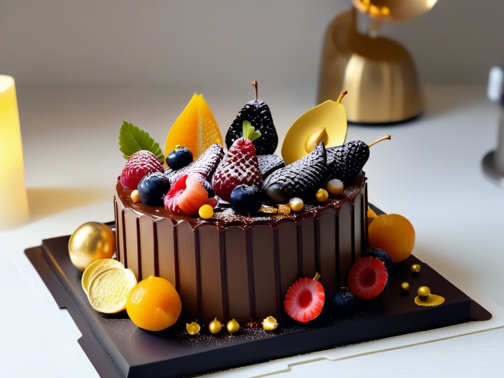  A photorealistic image showcasing an intricate 3D printed dessert masterpiece, featuring delicate layers of chocolate, vibrant fruit garnishes, and edible gold leaf details. The dessert sits elegantly on a modern plate, set against a backdrop of a sleek, professional kitchen environment with advanced 3D printing equipment in the background. The lighting highlights the glossy textures and intricate design of the dessert, exuding a sense of artistry and innovation in the world of dessert creation through 3D printing technology. hyperrealistic, full body, detailed clothing, highly detailed, cinematic lighting, stunningly beautiful, intricate, sharp focus, f/1. 8, 85mm, (centered image composition), (professionally color graded), ((bright soft diffused light)), volumetric fog, trending on instagram, trending on tumblr, HDR 4K, 8K