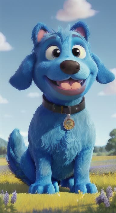  {A happy, big blue dog wagging its tail in a colorful meadow, The big blue dog is large with sky blue fur, big round eyes, a black nose, and floppy ears.