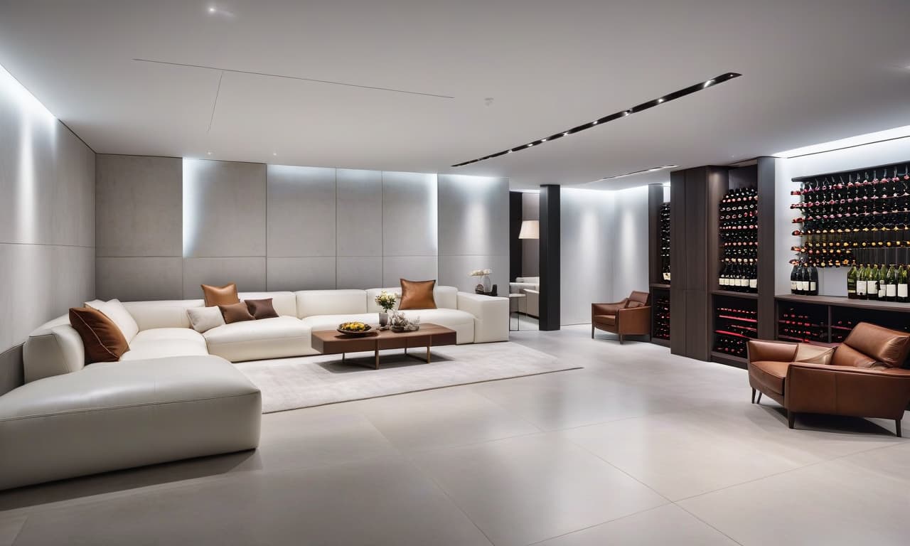  the project of a huge rectangular basement without windows. the walls are white. the floor is tiled in a milky color. The basement is ten meters long and five meters wide. The ceiling is two meters and sixty centimeters high. There is a wine storage cabinet on the left. On the right is a large leather sofa with two large armchairs. There's a table in the middle. hyperrealistic, full body, detailed clothing, highly detailed, cinematic lighting, stunningly beautiful, intricate, sharp focus, f/1. 8, 85mm, (centered image composition), (professionally color graded), ((bright soft diffused light)), volumetric fog, trending on instagram, trending on tumblr, HDR 4K, 8K