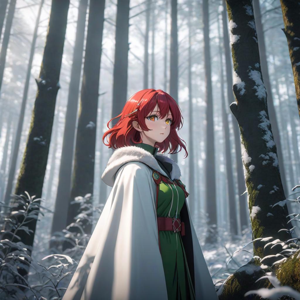  Chise Hatori, in the winter forest, few trees, looks into the distance, the sky in the background, a magical feeling, beautiful highlights, anime style, red hair and green eyes, black and white filter. hyperrealistic, full body, detailed clothing, highly detailed, cinematic lighting, stunningly beautiful, intricate, sharp focus, f/1. 8, 85mm, (centered image composition), (professionally color graded), ((bright soft diffused light)), volumetric fog, trending on instagram, trending on tumblr, HDR 4K, 8K