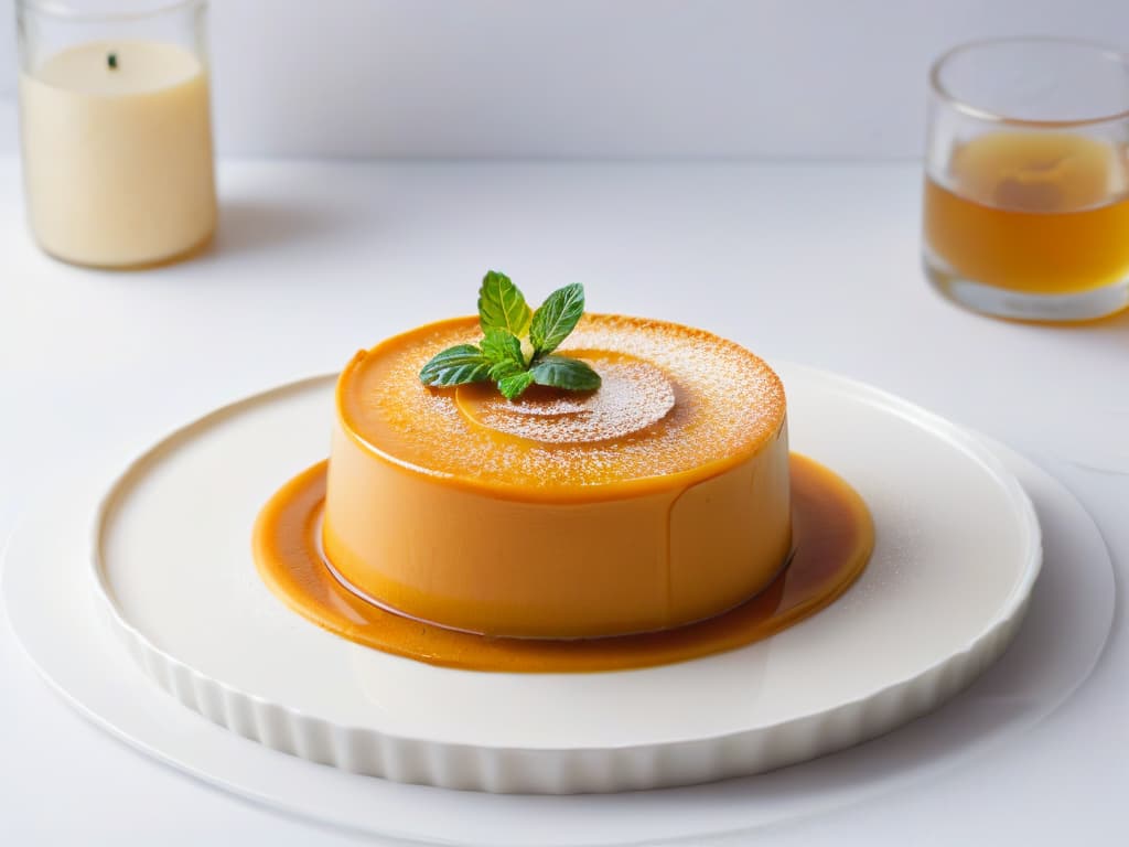  An ultradetailed image of a perfectly baked pumpkin flan sitting on a sleek, modern white plate. The flan is perfectly smooth and creamy, with a golden caramel drizzle elegantly cascading down its side. The plate is garnished with a sprig of fresh mint leaves, adding a pop of vibrant green against the rich orange hue of the flan. The lighting is soft and natural, highlighting the glossy texture of the dessert and creating a visually stunning minimalist composition. hyperrealistic, full body, detailed clothing, highly detailed, cinematic lighting, stunningly beautiful, intricate, sharp focus, f/1. 8, 85mm, (centered image composition), (professionally color graded), ((bright soft diffused light)), volumetric fog, trending on instagram, trending on tumblr, HDR 4K, 8K