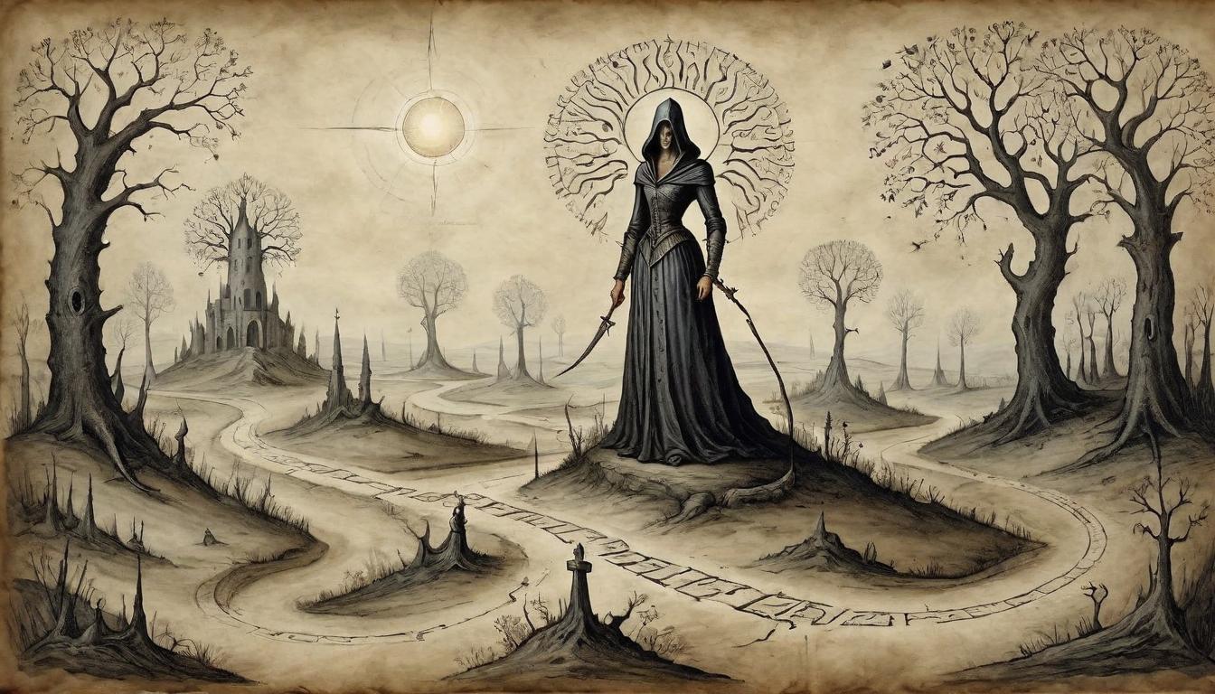  on parchment, surrealism+++, A figure stands at a crossroads, one path dark and well trodden, the other illuminated and burgeoning with life. Resistance as confirmation, choice embodies effectiveness, diverging paths, the promise of impact.(mysterious, provocative, symbolic,muted color)+++