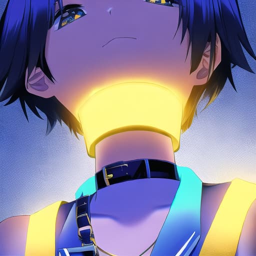  blue choker collar, yellow lights on collar, 👽 wearing collar