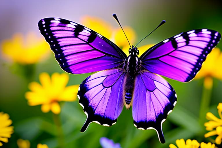  A butterfly flying through the air it's sunny outside there is a field of flowers the butterfly is blue purple and black A whole colony of butterflies