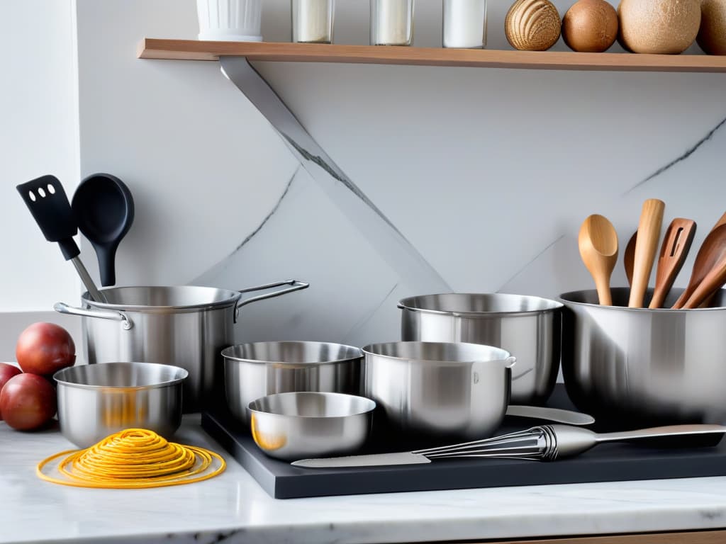  A sleek, minimalistic image featuring an array of highquality baking tools arranged neatly on a marble countertop. The set includes stainless steel mixing bowls in various sizes, a whisk, a spatula, measuring cups, and a rolling pin, all catching the light to showcase their polished surfaces. The background is softfocus, emphasizing the precision and elegance of the kitchen tools, perfect for an article on essential baking utensils. hyperrealistic, full body, detailed clothing, highly detailed, cinematic lighting, stunningly beautiful, intricate, sharp focus, f/1. 8, 85mm, (centered image composition), (professionally color graded), ((bright soft diffused light)), volumetric fog, trending on instagram, trending on tumblr, HDR 4K, 8K