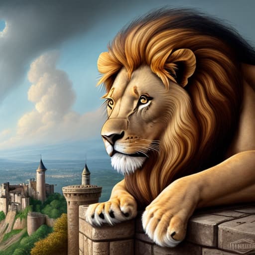  A lion on the castle, original painting, war, extreme detail, HD, 8k, masterpiece, best quality
