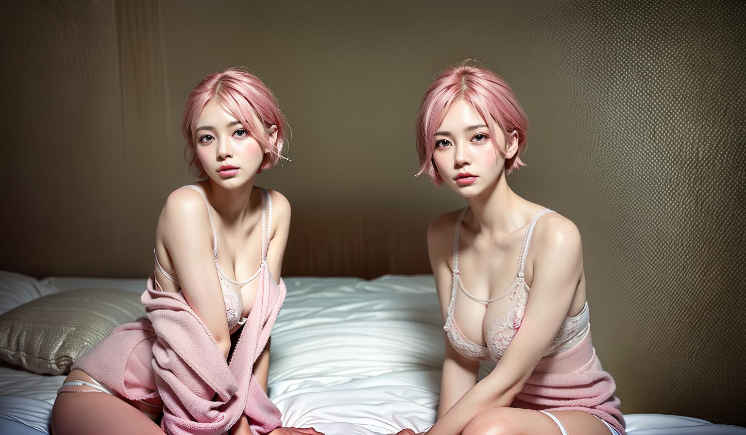  Bra, pink, short hair, (Masterpiece, BestQuality:1.3), (ultra detailed:1.2), (hyperrealistic:1.3), (RAW photo:1.2),High detail RAW color photo, professional photograph, (Photorealistic:1.4), (realistic:1.4), ,professional lighting, (japanese), beautiful face, (realistic face)