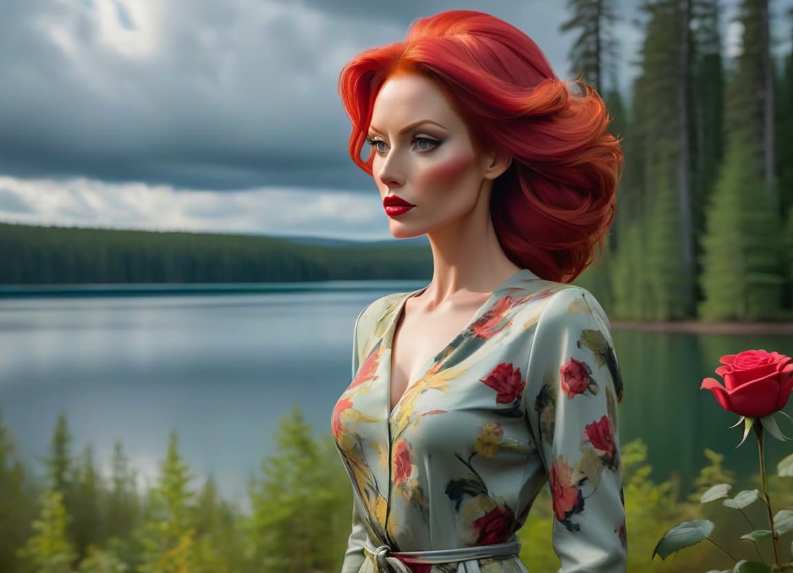  abstract expressionist painting A woman with red hair holding a rose stands before a serene lake and forest under a dramatic cloudy sky. . energetic brushwork, bold colors, abstract forms, expressive, emotional hyperrealistic, full body, detailed clothing, highly detailed, cinematic lighting, stunningly beautiful, intricate, sharp focus, f/1. 8, 85mm, (centered image composition), (professionally color graded), ((bright soft diffused light)), volumetric fog, trending on instagram, trending on tumblr, HDR 4K, 8K