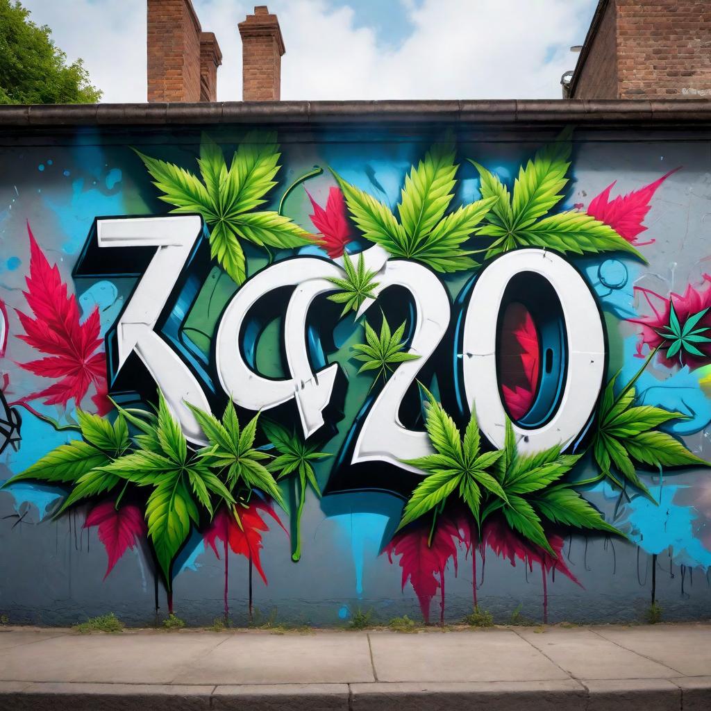  graffiti style '420' with weed leaves mural hyperrealistic, full body, detailed clothing, highly detailed, cinematic lighting, stunningly beautiful, intricate, sharp focus, f/1. 8, 85mm, (centered image composition), (professionally color graded), ((bright soft diffused light)), volumetric fog, trending on instagram, trending on tumblr, HDR 4K, 8K