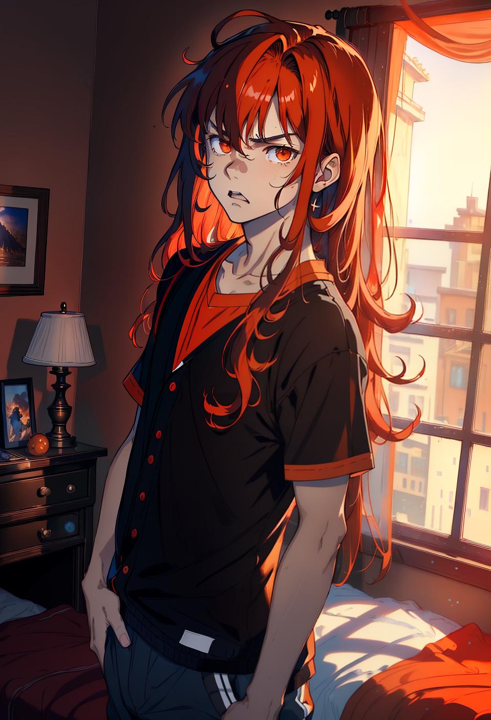  ((trending, highres, masterpiece, cinematic shot)), 1boy, young, male casual wear, bedroom scene, very long curly red hair, asymmetrical bangs,  orange eyes, handy personality, angry expression, tanned skin, epic, limber