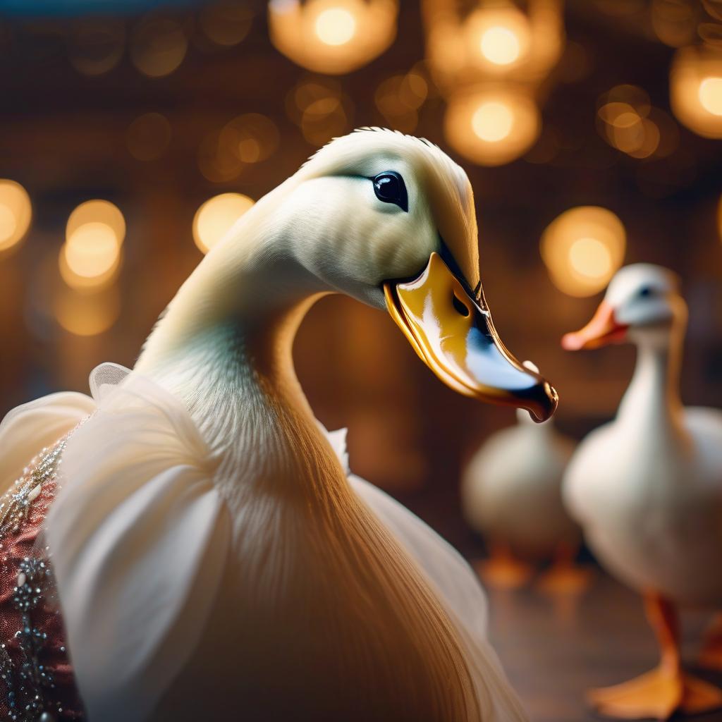  The duck in a beautiful dress dances at the ball. hyperrealistic, full body, detailed clothing, highly detailed, cinematic lighting, stunningly beautiful, intricate, sharp focus, f/1. 8, 85mm, (centered image composition), (professionally color graded), ((bright soft diffused light)), volumetric fog, trending on instagram, trending on tumblr, HDR 4K, 8K