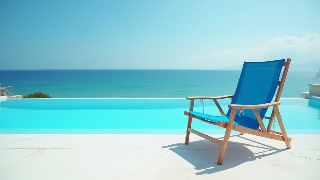  good quality, high quality, a blue lazy chair sits quietly by the sunny swimming pool.