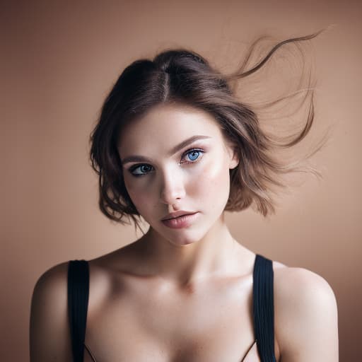 portrait+ style portrait of a beautiful young , brown hair, brown eyes, wavy hair, small s, in room, wearing neglige, symmetrical, simple background, ultra high res, 8k, t , full front view