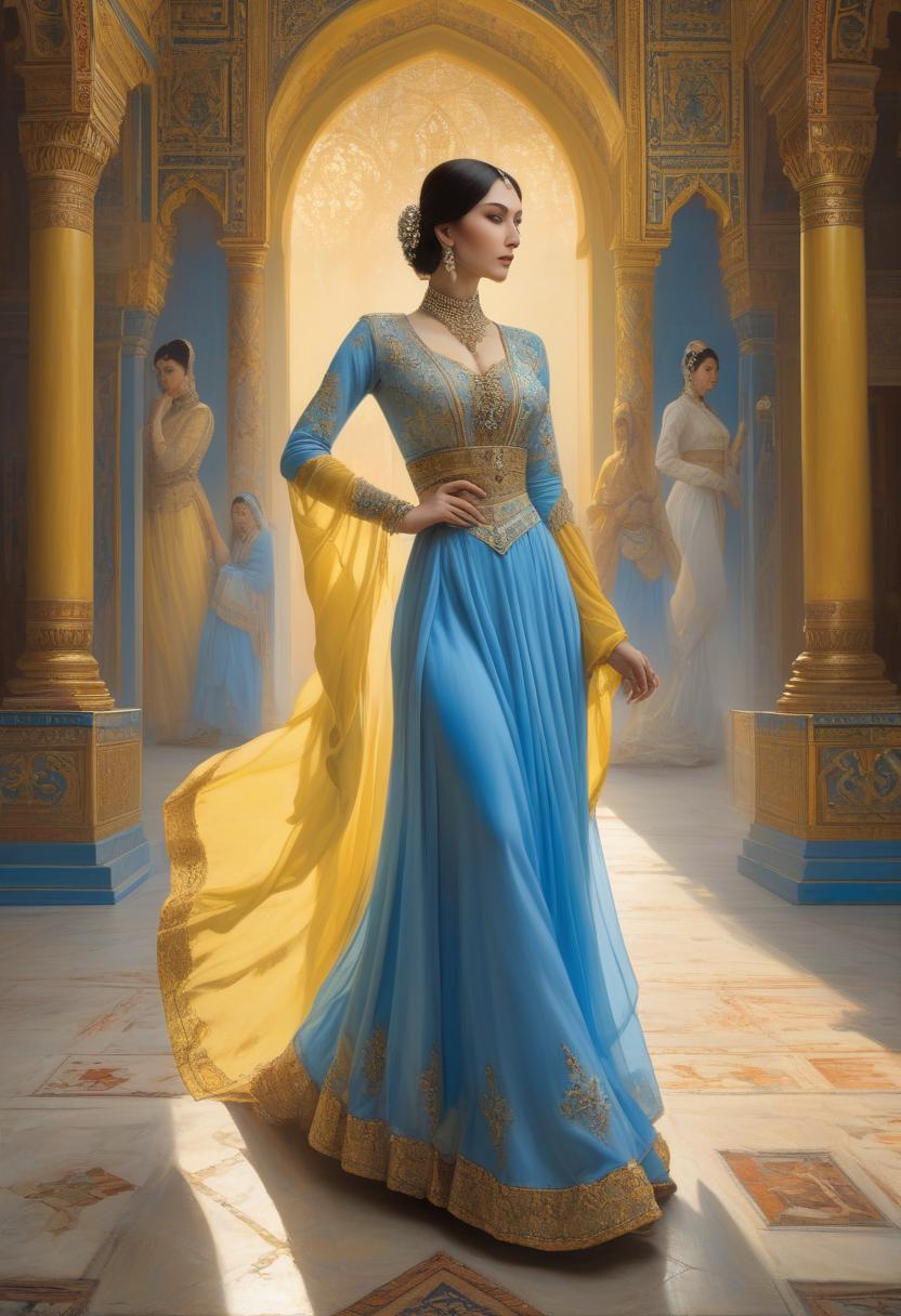  Renaissance style the art of the artist Vereshchagin, lady in blue and yellow, oriental dance in the style of Vasnetsov . realistic, perspective, light and shadow, religious or mythological themes, highly detailed hyperrealistic, full body, detailed clothing, highly detailed, cinematic lighting, stunningly beautiful, intricate, sharp focus, f/1. 8, 85mm, (centered image composition), (professionally color graded), ((bright soft diffused light)), volumetric fog, trending on instagram, trending on tumblr, HDR 4K, 8K