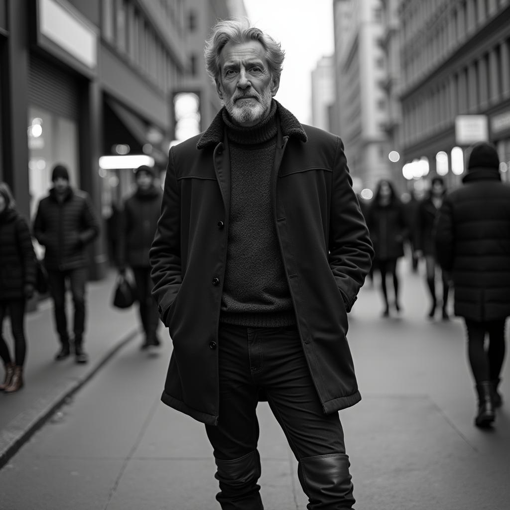  this editorial photography features a distinguished hispanic senior male, aged between 60 69, captured in a timeless black and white color scheme, emphasizing the striking contrast for a dramatic effect. he is stylishly dressed in winter attire, complemented by combat boots, and posed with one leg crossed while standing. the bustling urban environment of a city street adds a dynamic backdrop to the portrait, enhancing the overall impact of the image.