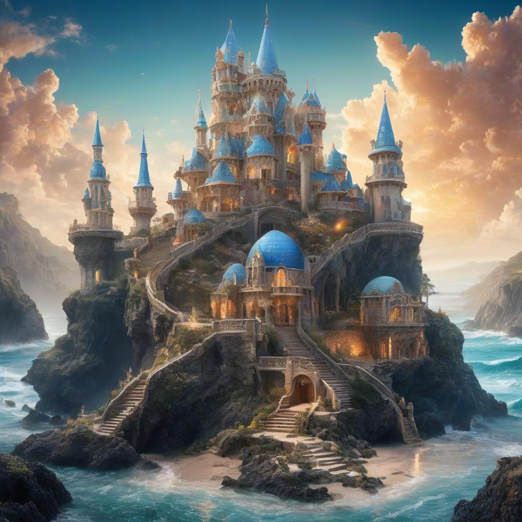  Dgital Image. Beautiful surrealistic castle created from seashells of different sizes and shapes. The towers are decorated with shells, the arches are made of shells, the stairs are made of shells:: lots of shells, shells. Stunning imagination, fabulous, unusual, with elements of mother of pearl:: patterned. Exquisite rocaille and fantasy surrealism. Decorative excesses. Background: sandy beach, sea and sun, highlights on water. Josephine's Wall. Fragonard and Antoine Watteau. Sabbas Aptheros, Alfonso Mucha, Carole Buck, Andrew Jones, Gustav Klimt. High detail. High quality. HDR Lady Galadriel. A defended fortress, a palisade, a gloomy castle, iron, black stone. Standing against a background of mountains. Easter eggs. Blue. ((Sparkling rim) hyperrealistic, full body, detailed clothing, highly detailed, cinematic lighting, stunningly beautiful, intricate, sharp focus, f/1. 8, 85mm, (centered image composition), (professionally color graded), ((bright soft diffused light)), volumetric fog, trending on instagram, trending on tumblr, HDR 4K, 8K