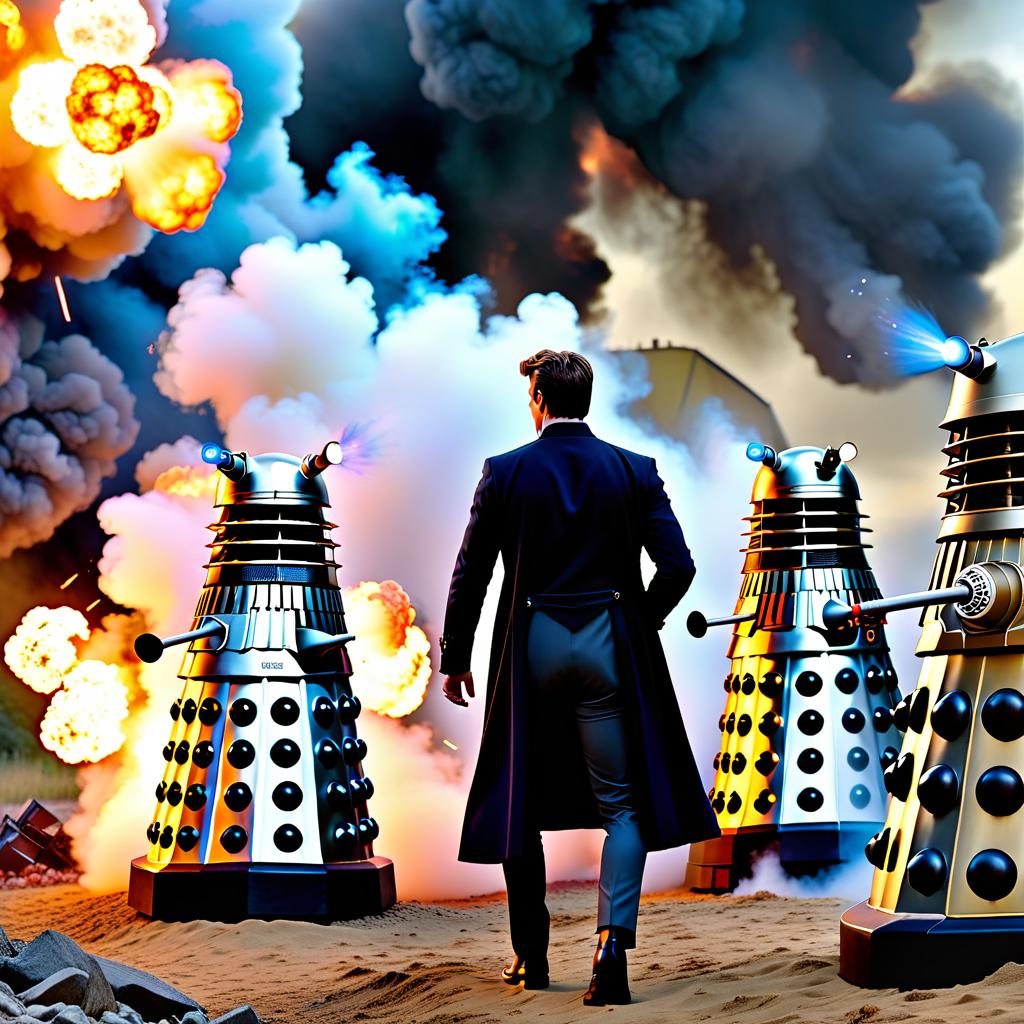  cinematic photo The 13th Doctor and Jack Harkness escape from a detonation, with the Daleks exploding in the background. . 35mm photograph, film, bokeh, professional, 4k, highly detailed hyperrealistic, full body, detailed clothing, highly detailed, cinematic lighting, stunningly beautiful, intricate, sharp focus, f/1. 8, 85mm, (centered image composition), (professionally color graded), ((bright soft diffused light)), volumetric fog, trending on instagram, trending on tumblr, HDR 4K, 8K