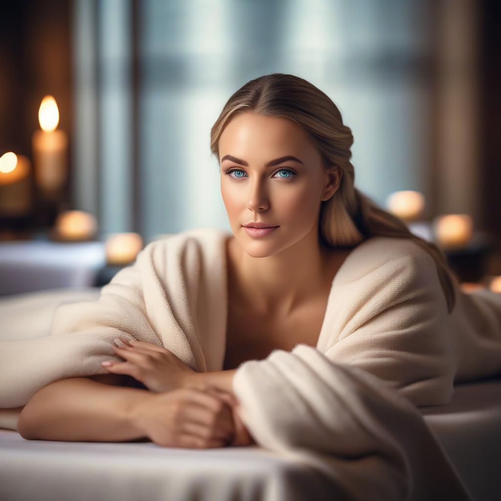  The fop of a relaxed beautiful girl with blue eyes lies on her stomach during a SPA massage, her head rests on her folded hands hyperrealistic, full body, detailed clothing, highly detailed, cinematic lighting, stunningly beautiful, intricate, sharp focus, f/1. 8, 85mm, (centered image composition), (professionally color graded), ((bright soft diffused light)), volumetric fog, trending on instagram, trending on tumblr, HDR 4K, 8K