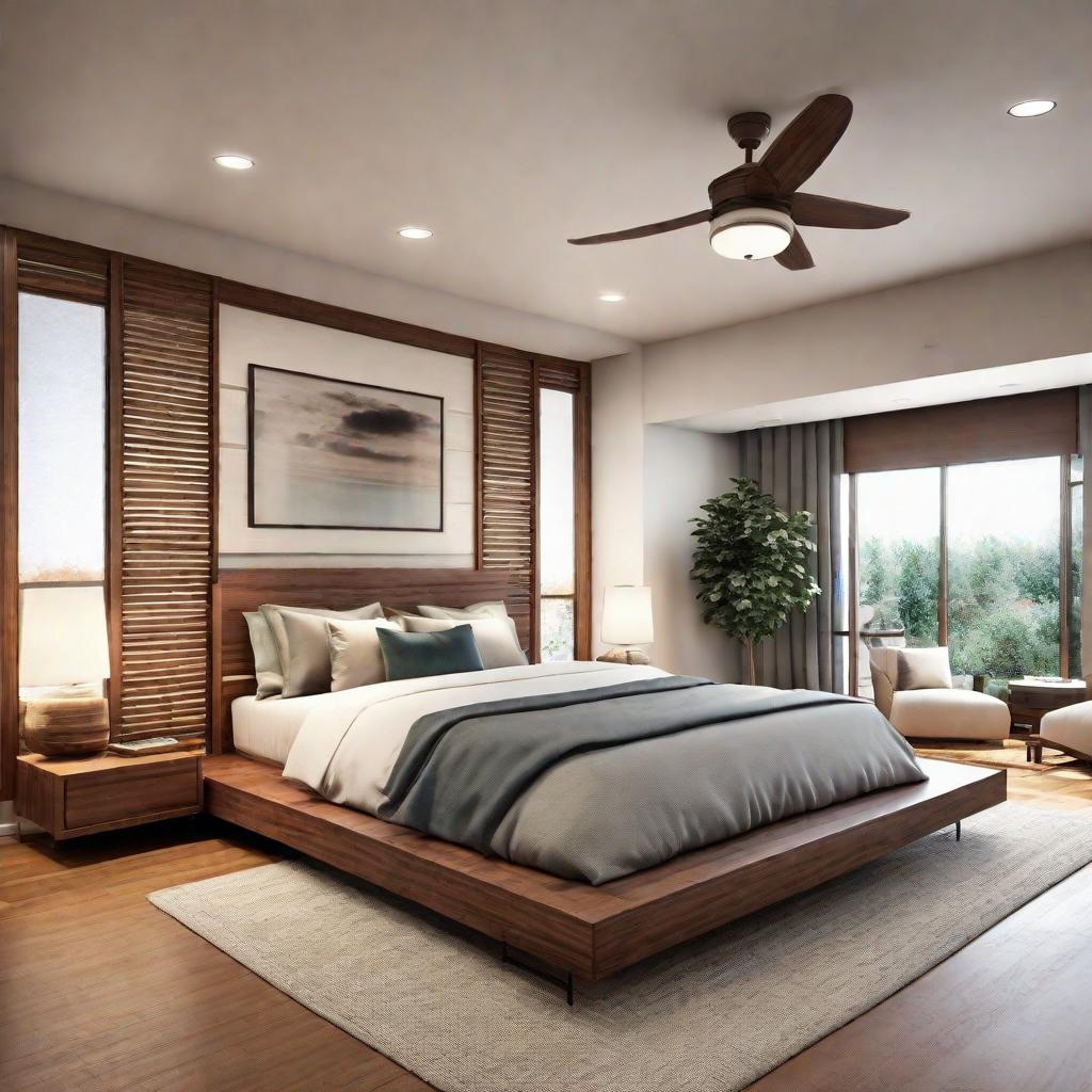   Envision a serene bedroom with a platform bed, bamboo flooring, and soft lighting, evoking tranquility and simplicity. 8k, cinematic lighting, HDR