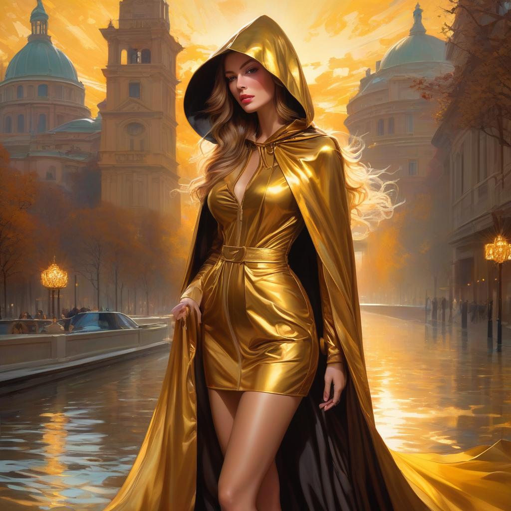  A masterpiece. A very beautiful girl. High elaboration, high detail. Golden brown hair. Girl on heels. Brown eyes. Golden hooded cloak. Behind nature, city. Bright colors. Sunlight. Surrealist abstractionism. Alfonso Mucha, Honoré Fargonard. hyperrealistic, full body, detailed clothing, highly detailed, cinematic lighting, stunningly beautiful, intricate, sharp focus, f/1. 8, 85mm, (centered image composition), (professionally color graded), ((bright soft diffused light)), volumetric fog, trending on instagram, trending on tumblr, HDR 4K, 8K