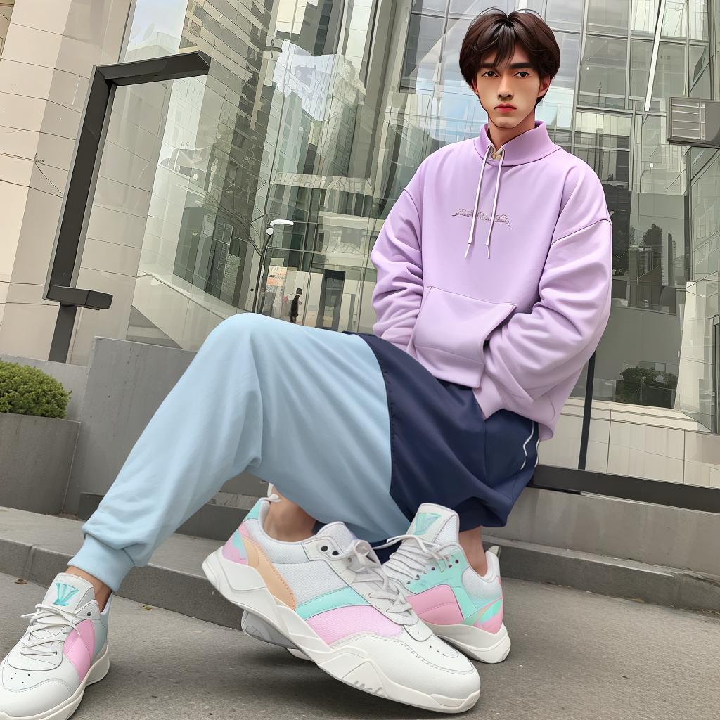  masterpiece, best quality,Man with Louis Vuitton trailblazer sneakers and the rest of the outfit pastel chique theme,