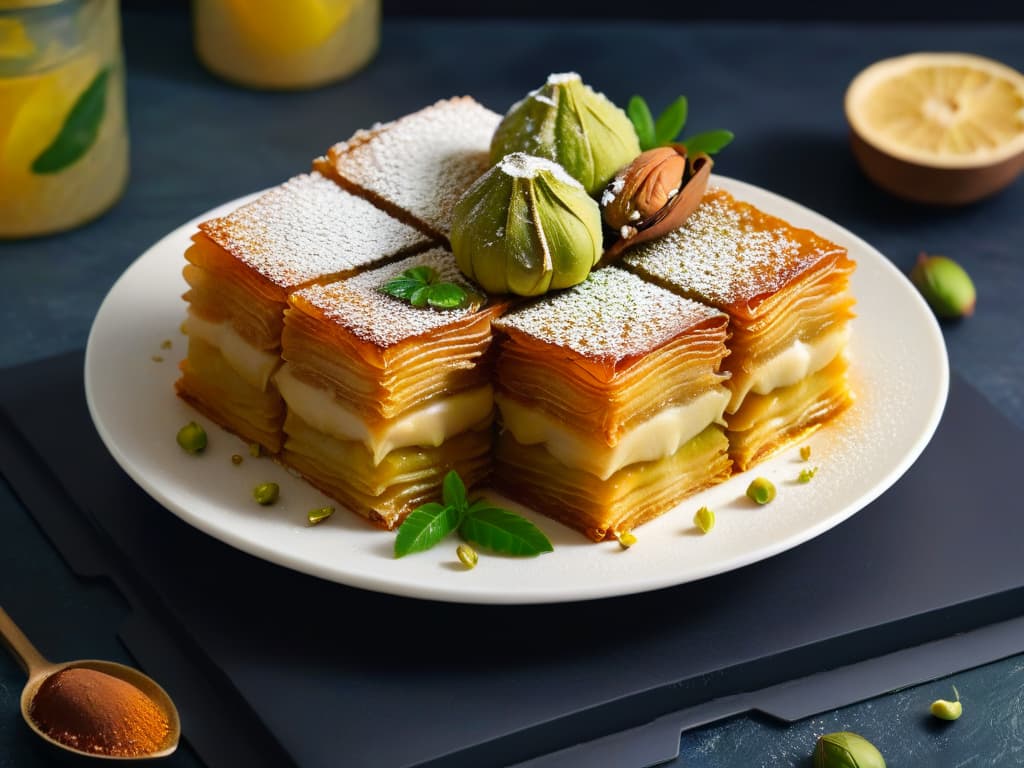  A closeup, ultradetailed image of golden, flaky layers of baklava glistening with honey, topped with finely chopped pistachios and a sprinkle of cinnamon, set on a sleek, modern white plate against a dark, contrasting background. hyperrealistic, full body, detailed clothing, highly detailed, cinematic lighting, stunningly beautiful, intricate, sharp focus, f/1. 8, 85mm, (centered image composition), (professionally color graded), ((bright soft diffused light)), volumetric fog, trending on instagram, trending on tumblr, HDR 4K, 8K