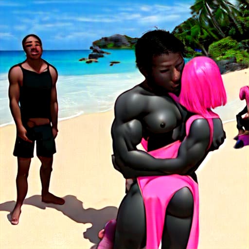  Create a photo of Japanese woman in pink bikini embrace muscular black man in black short on pink sand beach