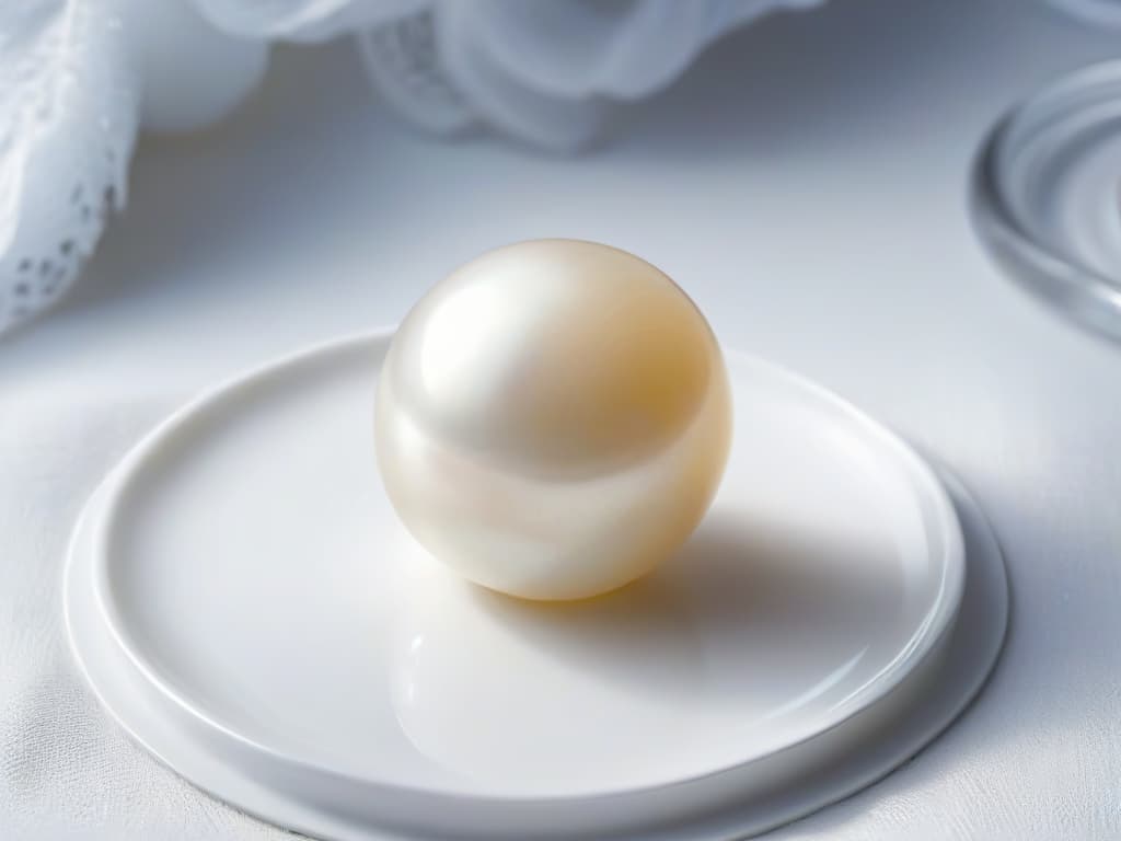  A closeup, ultradetailed image of a single perfect sugar pearl resting delicately on a pristine white dessert plate. The pearl glistens under soft, natural lighting, showcasing its flawless spherical shape and the intricate shimmer of its smooth surface. The background is a subtle blur of elegant white, emphasizing the simplicity and sophistication of the edible decoration. hyperrealistic, full body, detailed clothing, highly detailed, cinematic lighting, stunningly beautiful, intricate, sharp focus, f/1. 8, 85mm, (centered image composition), (professionally color graded), ((bright soft diffused light)), volumetric fog, trending on instagram, trending on tumblr, HDR 4K, 8K