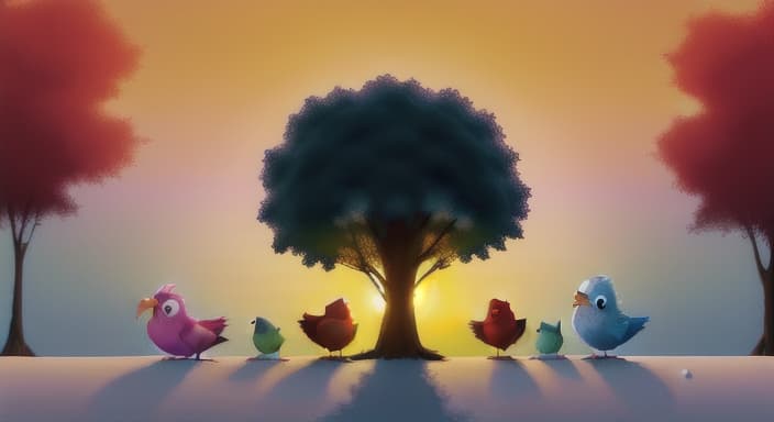  {A bright sun setting behind a silhouetted tree with colorful birds flying home in the sky., The sun sets on a beautiful day, as Coco, Max, and Snowball close their eyes and drift off to dreamland.