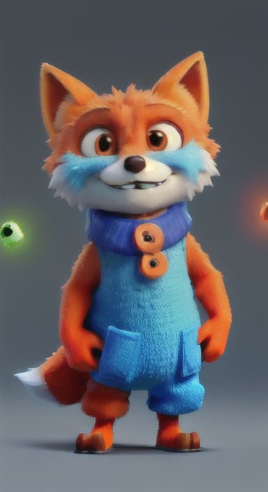  {Error the fox pressing the blue button with his paw, looking puzzled as nothing occurs., Error is a small, bright orange fox with a fluffy tail and big, inquisitive eyes. He has a mischievous yet kind expression and wears a tiny green scarf.