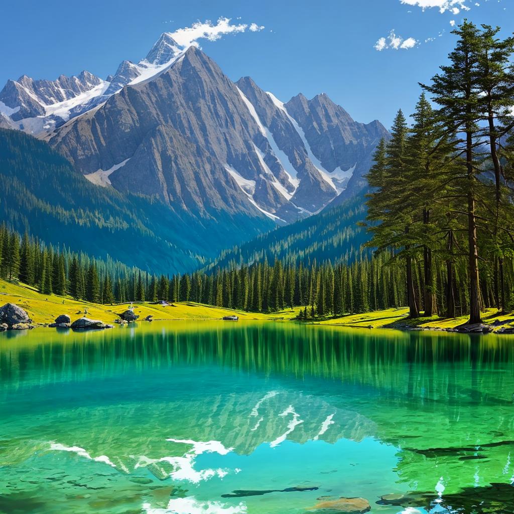  as a painting, Convey the serene majesty of towering mountains reflected in the crystal-clear waters of a tranquil alpine lake, using your unique artistic vision to evoke a sense of awe and tranquility.