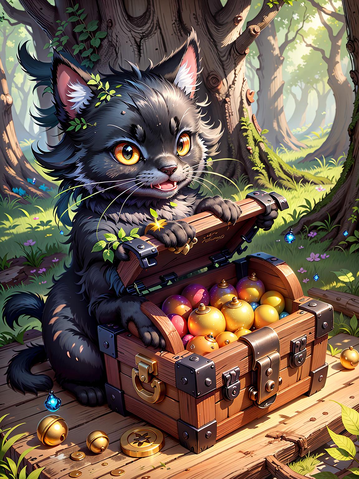  master piece, best quality, ultra detailed, highres, 4k.8k, Black cat, Finding a treasure chest, Cheerful expression, BREAK Discovery of Treasure, Enchanted forest, Treasure chest, pair of boots, BREAK Joyful and mysterious, Sunlight filtering through the trees, magical sparkles in the air, fun00d
