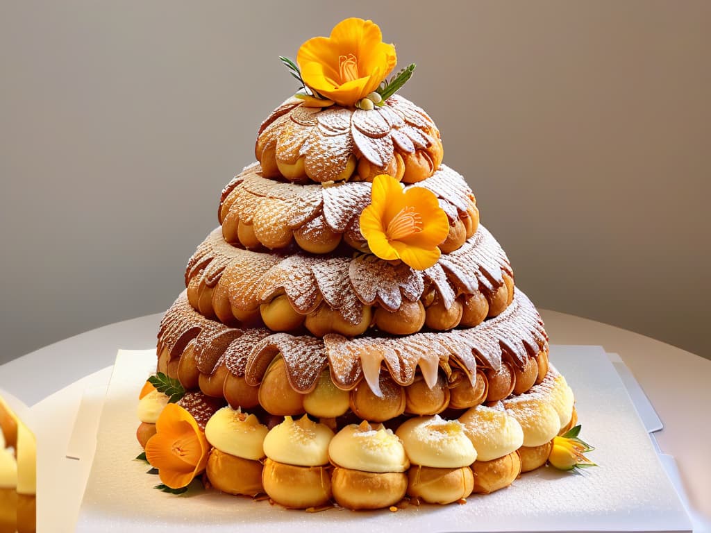  A closeup, ultradetailed photograph of a perfectly crafted and delicately decorated traditional French croquembouche, showcasing the intricate layers of crispy choux pastry balls bound together with glossy caramel, topped with spun sugar decorations and delicate edible flowers, set against a clean, white background to emphasize the elegance and sophistication of this iconic French dessert. hyperrealistic, full body, detailed clothing, highly detailed, cinematic lighting, stunningly beautiful, intricate, sharp focus, f/1. 8, 85mm, (centered image composition), (professionally color graded), ((bright soft diffused light)), volumetric fog, trending on instagram, trending on tumblr, HDR 4K, 8K