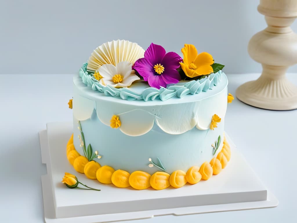  A closeup, highresolution image of a beautifully decorated cake with intricate piping details in pastel colors, set against a clean, white background. The frosting is delicately swirled, showcasing precision and artistry, while small edible flowers and gold leaf accents add a touch of elegance. hyperrealistic, full body, detailed clothing, highly detailed, cinematic lighting, stunningly beautiful, intricate, sharp focus, f/1. 8, 85mm, (centered image composition), (professionally color graded), ((bright soft diffused light)), volumetric fog, trending on instagram, trending on tumblr, HDR 4K, 8K