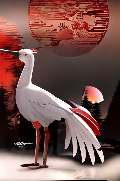  white crane with red hair on top, black tail, red sun, pine trees, 3D modeling style