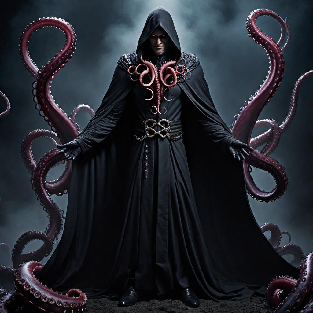  A dark figure with fanged tentacles emerging from its cloak. The figure stands ominously, and the tentacles are detailed with sharp fangs that look menacing and alive. The background is eerie, adding to the dark and mysterious ambiance surrounding the figure. hyperrealistic, full body, detailed clothing, highly detailed, cinematic lighting, stunningly beautiful, intricate, sharp focus, f/1. 8, 85mm, (centered image composition), (professionally color graded), ((bright soft diffused light)), volumetric fog, trending on instagram, trending on tumblr, HDR 4K, 8K