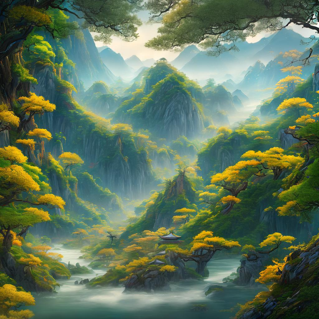  Behold an exquisite Chinese landscape painting, a true ((masterpiece)) of artistry and craftsmanship. This 8k high detailed artwork transports you to a serene river valley, where distant mountains rise majestically against a gentle sky. The artist, Zhang Ming, has meticulously captured every detail, from the intricate textures of the vegetation to the subtle play of light and shadow. This painting, done in the Gongbi style, showcases Zhang Ming's mastery of traditional Chinese painting techniques. For a closer look, visit zhangmingartstudio.com, where you can explore the painting in all its grandeur. hyperrealistic, full body, detailed clothing, highly detailed, cinematic lighting, stunningly beautiful, intricate, sharp focus, f/1. 8, 85mm, (centered image composition), (professionally color graded), ((bright soft diffused light)), volumetric fog, trending on instagram, trending on tumblr, HDR 4K, 8K