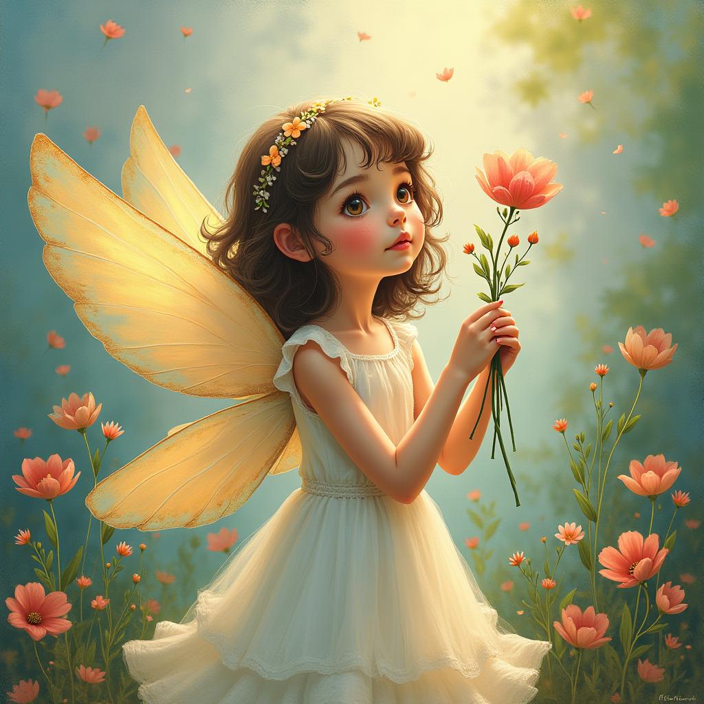  good quality, high quality, the image features a holding a flower in her hand. she is wearing a white dress and is surrounded by a colorful and artistic background. the girl appears to be a fairy, as she is holding the flower and is positioned in a whimsical manner.