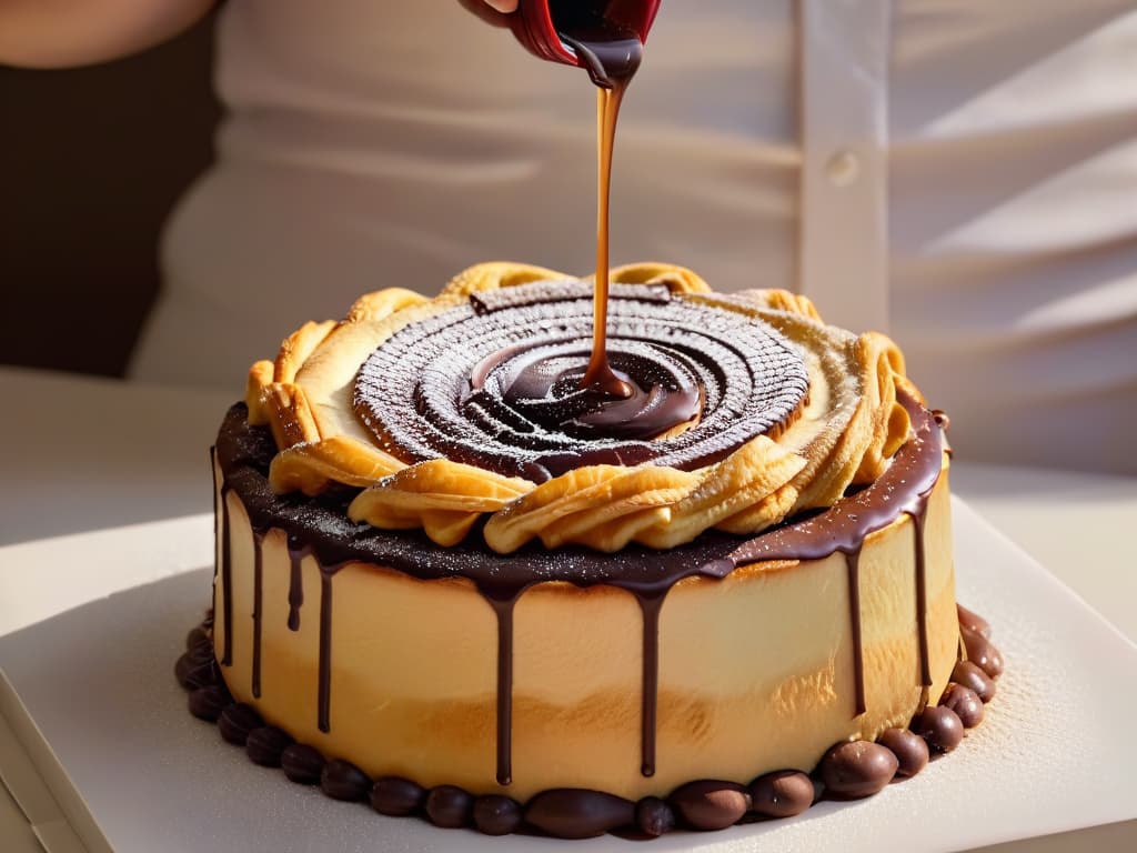  A closeup highresolution image of a delicate, glossy chocolate ganache being drizzled over a stack of flaky, golden puff pastry layers. The contrast between the smooth, rich ganache and the light, crispy pastry creates a visually striking composition that captures the essence of texturas en repostería experimental. hyperrealistic, full body, detailed clothing, highly detailed, cinematic lighting, stunningly beautiful, intricate, sharp focus, f/1. 8, 85mm, (centered image composition), (professionally color graded), ((bright soft diffused light)), volumetric fog, trending on instagram, trending on tumblr, HDR 4K, 8K