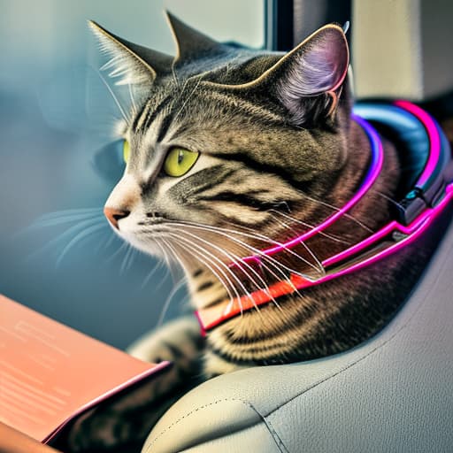 nvinkpunk Realistic image of a cat wearing headphones and reading glasses while riding a bus. hyperrealistic, full body, detailed clothing, highly detailed, cinematic lighting, stunningly beautiful, intricate, sharp focus, f/1. 8, 85mm, (centered image composition), (professionally color graded), ((bright soft diffused light)), volumetric fog, trending on instagram, trending on tumblr, HDR 4K, 8K