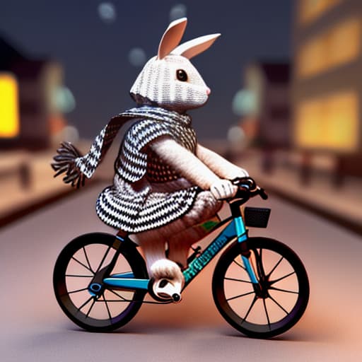  A rabbit wearing a keffiyeh at night and riding a bicycle 3D