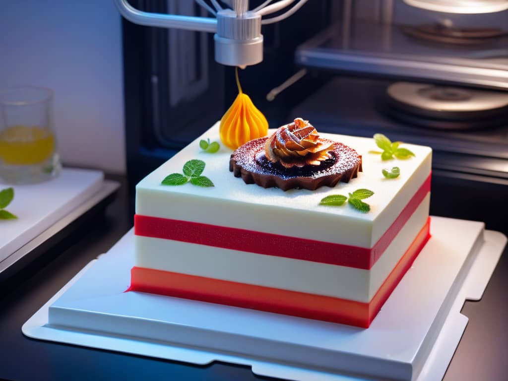  An ultradetailed 8k image of a sleek, modern 3D printer in action, intricately crafting a delectable and visually stunning 3Dprinted dessert. The printer is meticulously laying down layers of edible ingredients, creating a mesmerizing display of precision and innovation. The dessert being created is a futuristic geometric masterpiece, showcasing a blend of vibrant colors and intricate patterns that highlight the cuttingedge technology behind 3Dprinted treats. hyperrealistic, full body, detailed clothing, highly detailed, cinematic lighting, stunningly beautiful, intricate, sharp focus, f/1. 8, 85mm, (centered image composition), (professionally color graded), ((bright soft diffused light)), volumetric fog, trending on instagram, trending on tumblr, HDR 4K, 8K