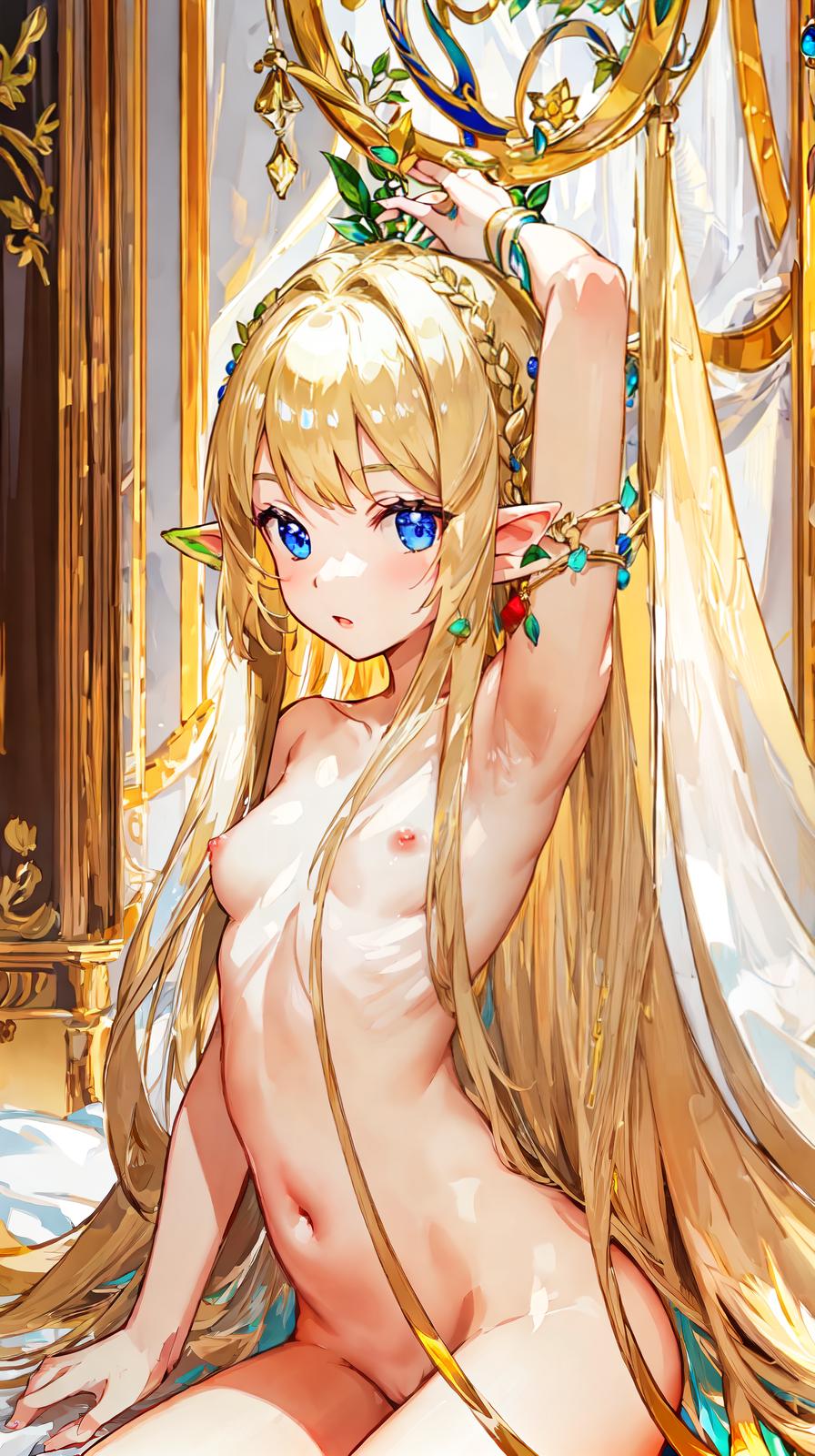  master piece , best quality,Naked, elf, blonde, long straight hair, beheaded