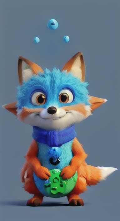  {Error the fox pressing the blue button with his paw, looking puzzled as nothing occurs., Error is a small, bright orange fox with a fluffy tail and big, inquisitive eyes. He has a mischievous yet kind expression and wears a tiny green scarf.