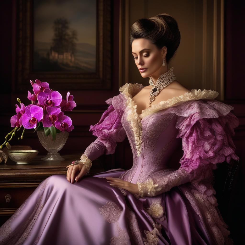  Victorian beauty in sorrow beautiful dress with a posy of aurans 1870s orchid bouquet on the table rosy bouquet hyperrealistic, full body, detailed clothing, highly detailed, cinematic lighting, stunningly beautiful, intricate, sharp focus, f/1. 8, 85mm, (centered image composition), (professionally color graded), ((bright soft diffused light)), volumetric fog, trending on instagram, trending on tumblr, HDR 4K, 8K