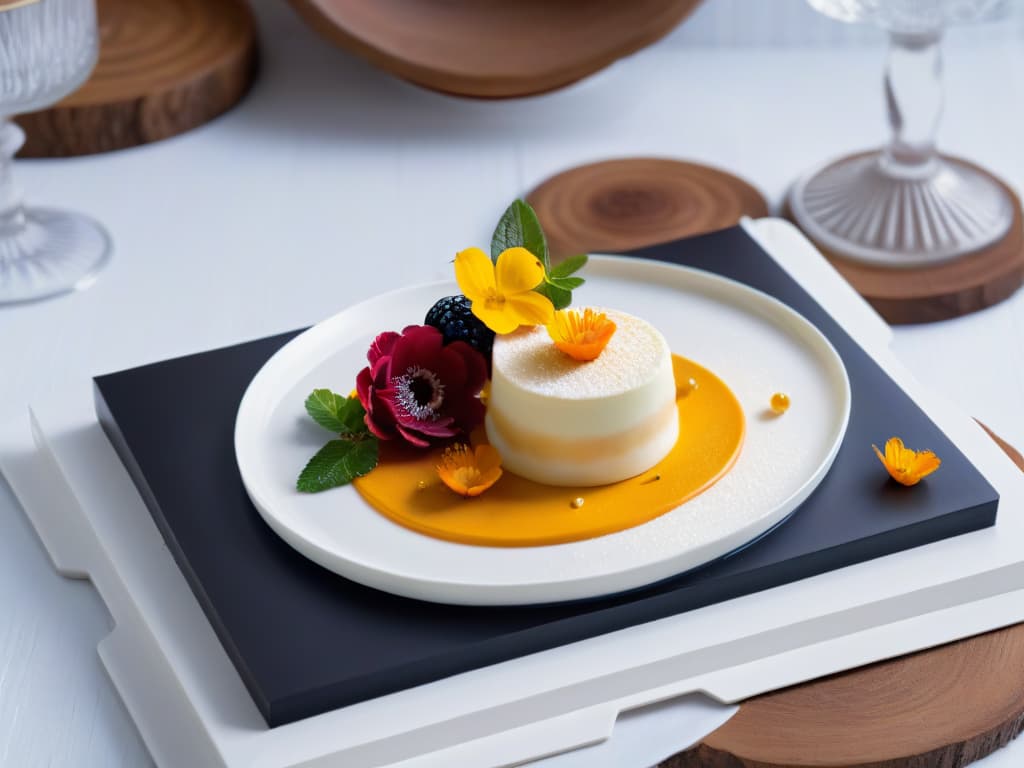  A closeup, photorealistic image of a sleek, modern dessert plate featuring a delicately crafted geometric dessert. The dessert is a minimalist masterpiece, with precise angles and smooth surfaces, showcasing a surprising shape that combines circles, squares, and triangles in a visually striking presentation. The dessert is elegantly drizzled with a glossy sauce, and garnished with a single vibrant edible flower, adding a pop of color to the monochromatic color scheme. The background is softly blurred to keep the focus on the intricate dessert, creating a sense of sophistication and artistry. hyperrealistic, full body, detailed clothing, highly detailed, cinematic lighting, stunningly beautiful, intricate, sharp focus, f/1. 8, 85mm, (centered image composition), (professionally color graded), ((bright soft diffused light)), volumetric fog, trending on instagram, trending on tumblr, HDR 4K, 8K