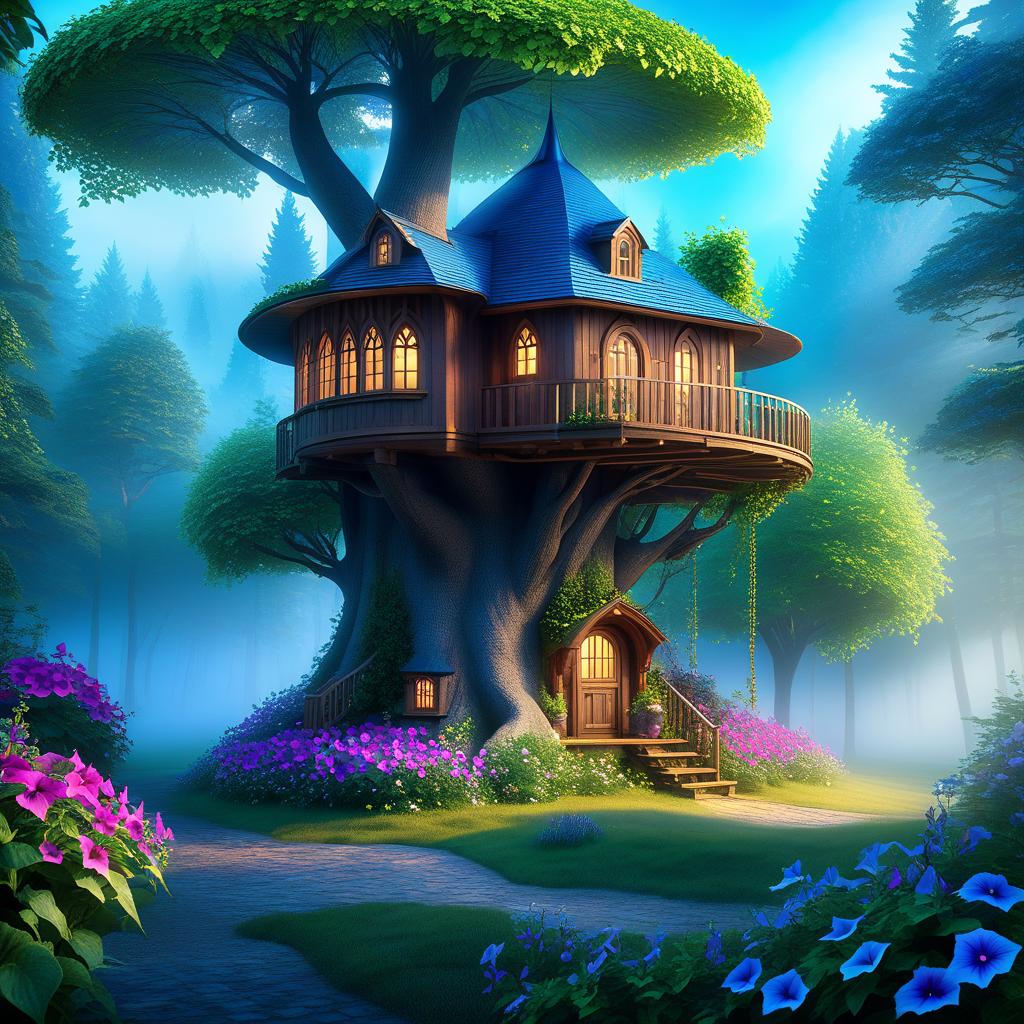  ethereal fantasy concept art of This tree house, nestled in the woods under a large leaf as a roof. Morning petunias serve as both decoration and guardians. The blossoms are blooming above the roof of the cabin. The elf who lives inside seems ready to come out the door and onto the balcony to water the flowers. (Petunia bush petunia) The flowers are blue turning to blue. . magnificent, celestial, ethereal, painterly, epic, majestic, magical, fantasy art, cover art, dreamy hyperrealistic, full body, detailed clothing, highly detailed, cinematic lighting, stunningly beautiful, intricate, sharp focus, f/1. 8, 85mm, (centered image composition), (professionally color graded), ((bright soft diffused light)), volumetric fog, trending on instagram, trending on tumblr, HDR 4K, 8K